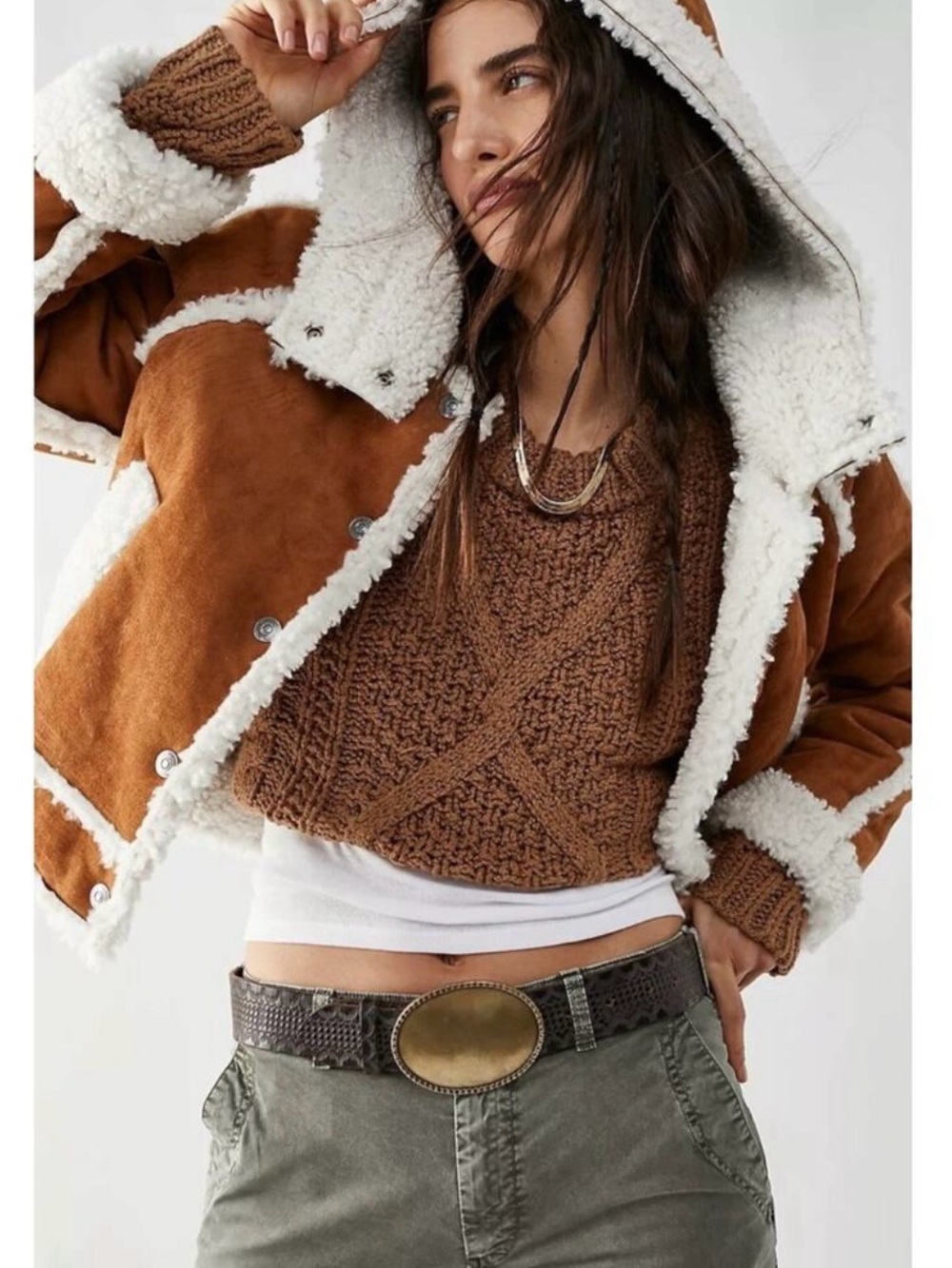 Free People Western Bohemian Vegan Suede Exchange Shearling Jacket Coat Small